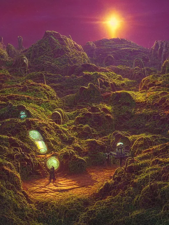 Prompt: a view concept art of iridescent shimmering Alien plants in Wasteland, Tim Hildebrandt,Les Edwards,Larry Elmore,angus mckie,James Paick,Ted Nasmith,trending on artstation,full of colors,mythological,ultra realistic,high detail,golden ratio,cinematic lighting,maximalist