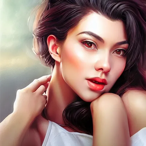 Image similar to a gourgeous female digital influencer in the style of stefan kostic, realistic, full body, sharp focus, 8 k high definition, insanely detailed, intricate, elegant, art by stanley lau and artgerm