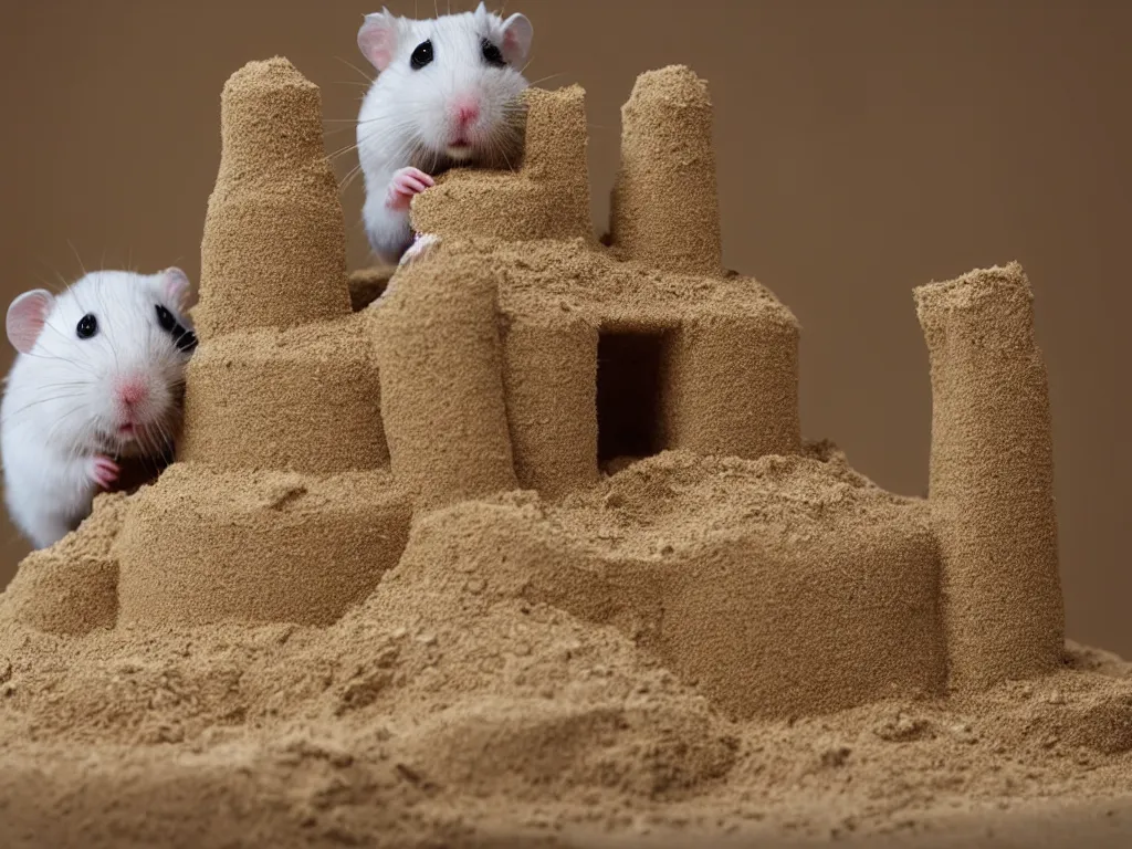 Image similar to Photo of a hamster making a giant sandcastle, highly-detailed 4K award-winning