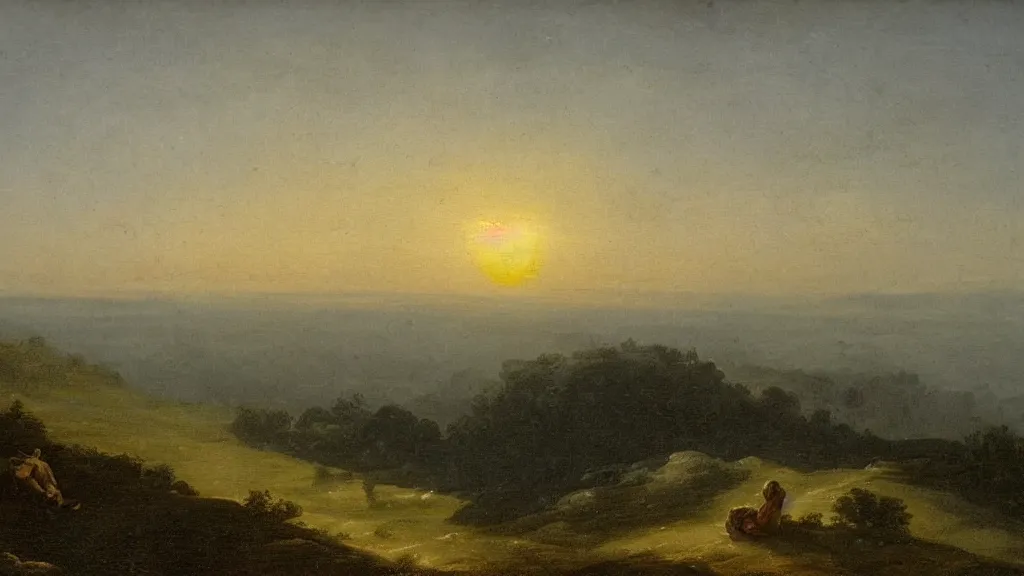 Prompt: so the sun set. i forgot to mention that a belt of mist lay between my hill and other hills, and that it was the color of pearl, claude lorrain