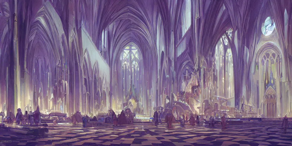 Image similar to a futuristic cathedral interior with holograms all over, ralph maquarrie and syd mead cinematic painting, 4 k