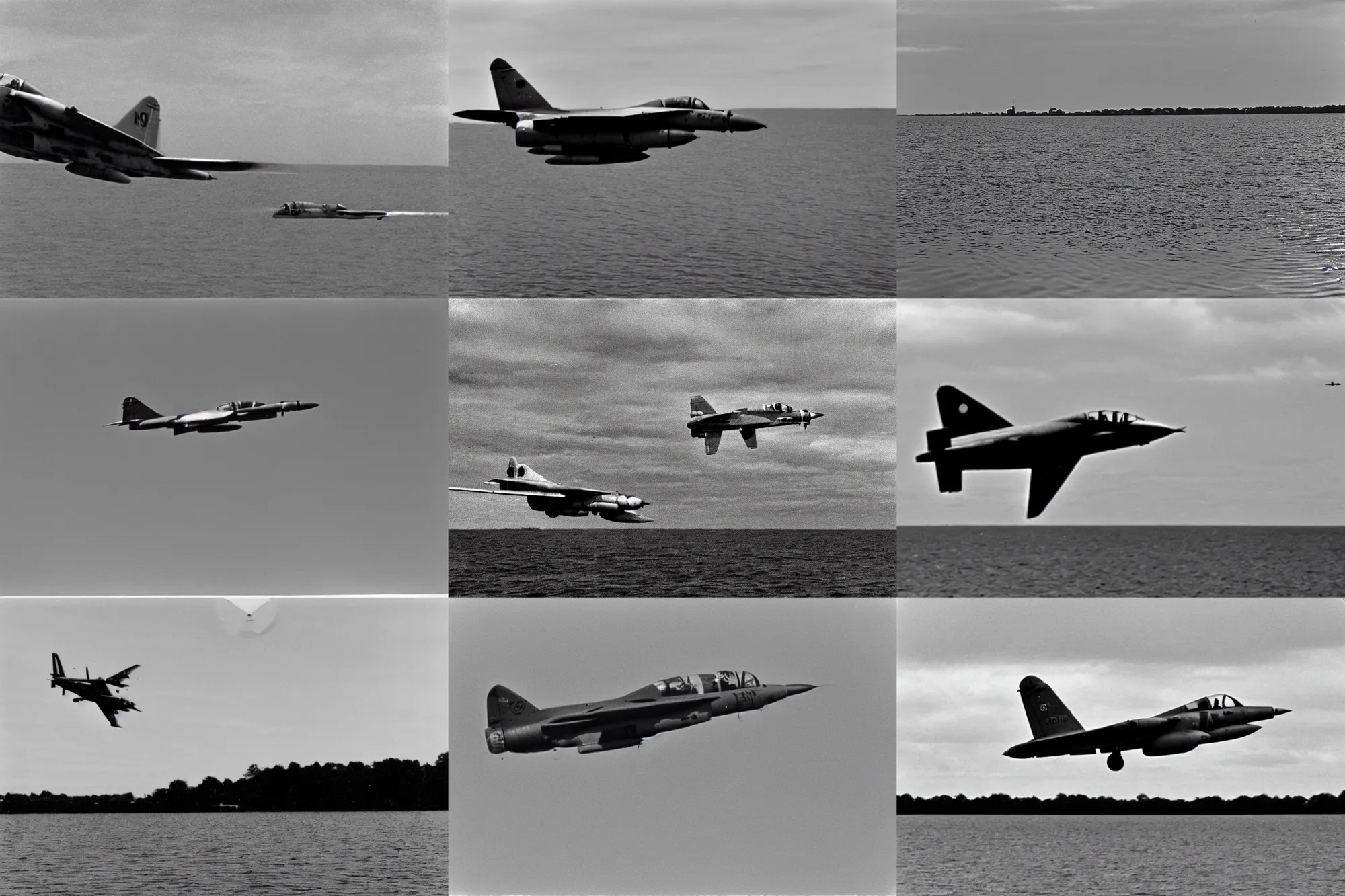 Prompt: declassified photograph taken from shore of still pond with raf small harrier jet flying, film grain, 3 5 mm lens, government archive