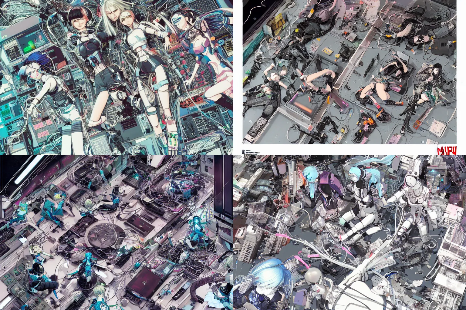 Prompt: a cyberpunk illustration of a group of four coherent female android dolls in style of masamune shirow lying scattered rotated in various poses over an empty white floor with their bodies broken showing wires and cables coming out, by katsuhiro otomo and yukito kishiro, hyper-detailed, intricate colorful, view from above, close up