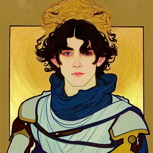 Image similar to portrait painting of young handsome beautiful paladin elf!! man with long! wavy dark hair and blue eyes in his 2 0 s named taehyung minjun james, pale, wearing armor!, gorgeous hair, elf ears, icy eyes, elegant, cute, delicate, soft facial features, art by alphonse mucha, vincent van gogh, egon schiele,