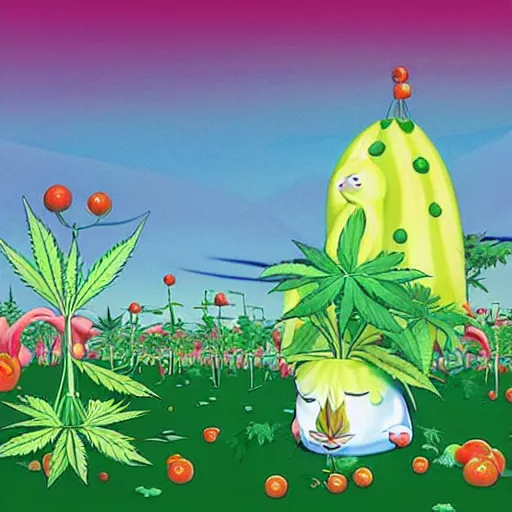 Prompt: conspiracy to keep cannabis freedom to grow pot plants in backyards illegal, colorful whimsical fantasy, by chiho aoshima