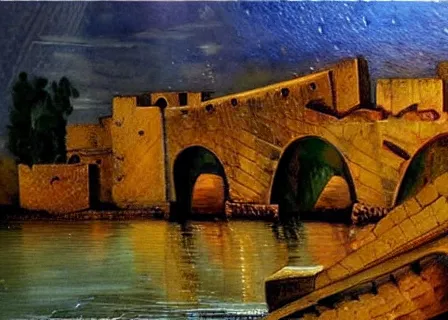 Image similar to modern stylized oil painting of medieval stone bridge, very very very beautiful, funny structure, romanticism by goya, bright art, cinematic dramatic lighting, plants and water