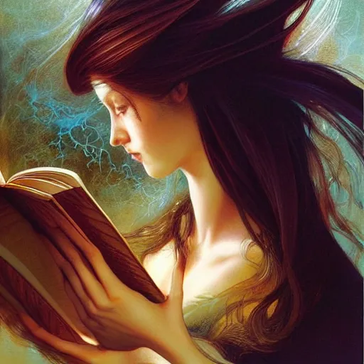 Image similar to a girl reading a book, her hair flowing down, by karol bak, ayami kojima, artgerm, smile, concept art, fantasy