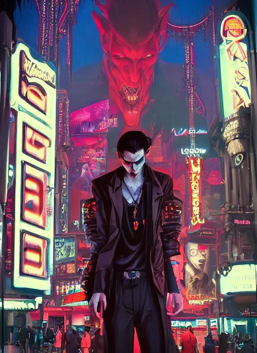 Prompt: 35mm kodak portra portrait of a shadowrun vampire on the Las Vegas strip at night by tomer hanuka and tom bagshaw, handsome face, blood, urban fantasy, hyper realism, high detail, octane render, 8k, trending on artstation, CGsociety, concept art