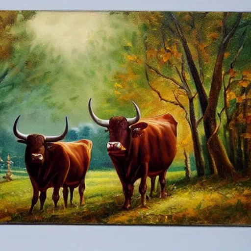 Image similar to 🐃🐄🍞🧙🌲🌉, high quality oil painting