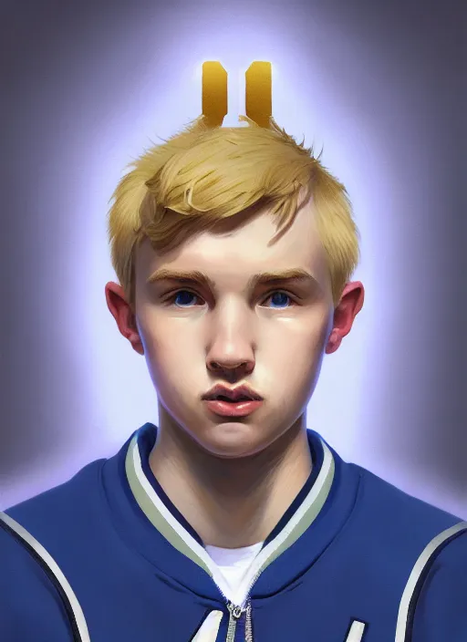 Image similar to portrait of high school senior boy named big moose, blonde short hair, jock, beefy, wide face, square jaw, square facial structure, blue varsity jacket with letter r, intricate, elegant, glowing lights, highly detailed, digital painting, artstation, concept art, sharp focus, illustration, art by wlop, mars ravelo and greg rutkowski