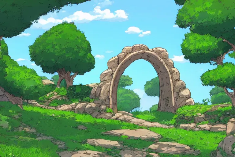 Image similar to natural stone arches with bushes, sunny day, long shot, digital art, in the style of studio ghibli, vivid colors, highly detailed, 8 k, establishing shot, smooth, trending on artstation, illustration, flat colors