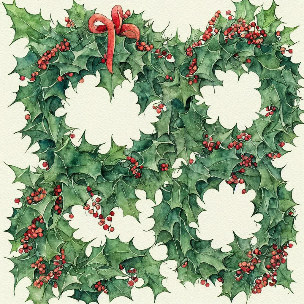 Image similar to realistic watercolor painting of one wreath of holly centered on a white background, detailed art by kay nielsen and walter crane, illustration style, watercolor