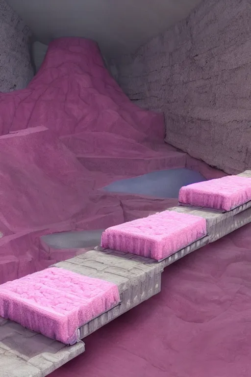 Image similar to conveyor belt transporting pink diapers into a giant pit, fantasy, magic, 4 k, ultra realistic, photorealism, detailed