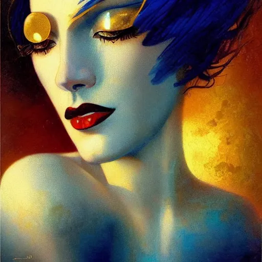 Image similar to a woman with blue and gold hair, an art deco painting by karol bak, featured on cgsociety, gothic art, poster art, art deco, tarot card