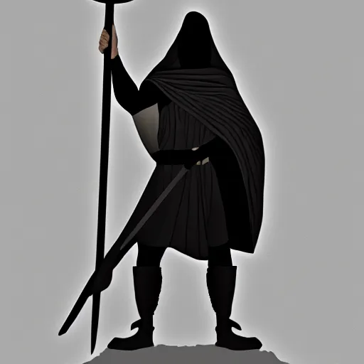 Image similar to a black figure in a grey cloak holding his black spear up to the sky, Digital art