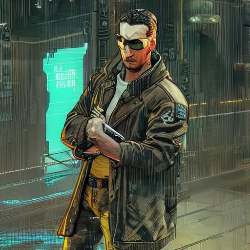 Image similar to Ezra. cyberpunk mercenary smoking a cigar. Style of James Gurney and Mœbius. (Cyberpunk 2077. Blade Runner. Apex Legends. The matrix)