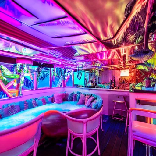 Image similar to architectural digest photo, inside dark and moody crowded futuristic tiki bar inside a yacht, tropical plants, blue lighting with small pastel orange and pink accent lights, crowd of cool people dancing, haze, volumetric fog, ray - tracing lighting and reflections