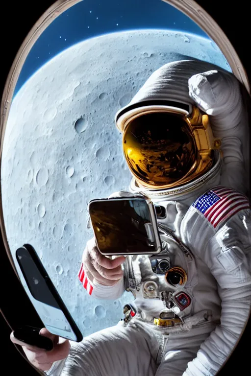 Image similar to extremely detailed studio portrait of space astronaut taking a selfie, holds a smart phone in one hand, phone!! held up to visor, reflection of phone in visor, moon, extreme close shot, soft light, golden glow, award winning photo by jimmy nelson