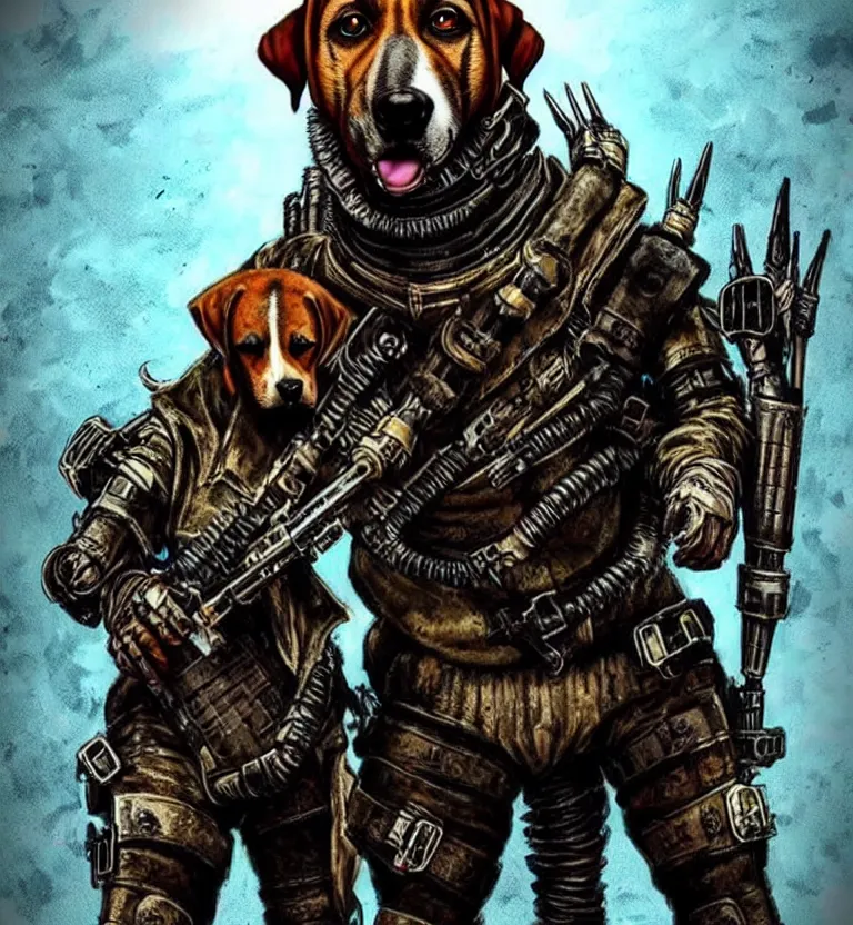 Image similar to a good ol'hound dog fursona ( from the furry fandom ), heavily armed and armored facing down armageddon in a dark and gritty version from the makers of mad max : fury road. witness me.