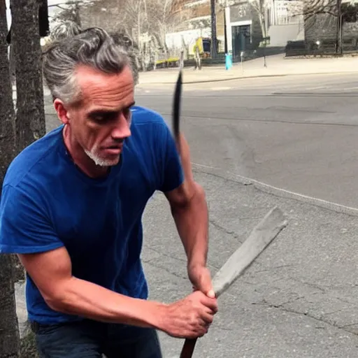 Image similar to jordan peterson getting bludgeoned to death with a pick axe by a homeless person