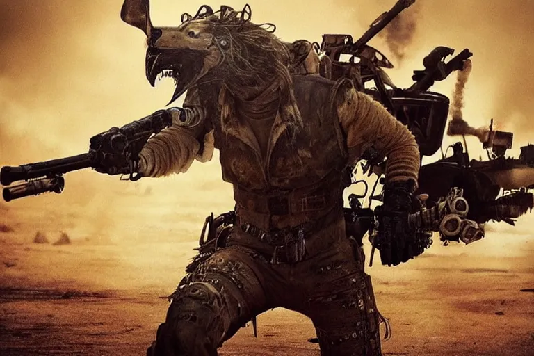 Image similar to a good ol'coyote fursona ( from the furry fandom ), heavily armed and armored facing down armageddon in a dark and gritty version from the makers of mad max : fury road. witness me.