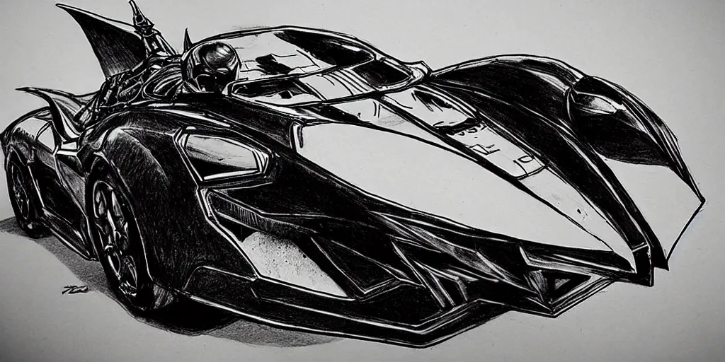 Image similar to ballpoint pen drawing of the batmobile, batman, arkham knight