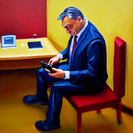 Image similar to viktor orban playing on his phone in a cubicle, oil painting