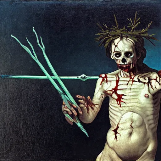 Prompt: painting by caravaggio of a drowned zombie holding a trident with glowing cyan eyes, wearing ragged clothing, holding a trident, underwater, pastel green and blue color palette