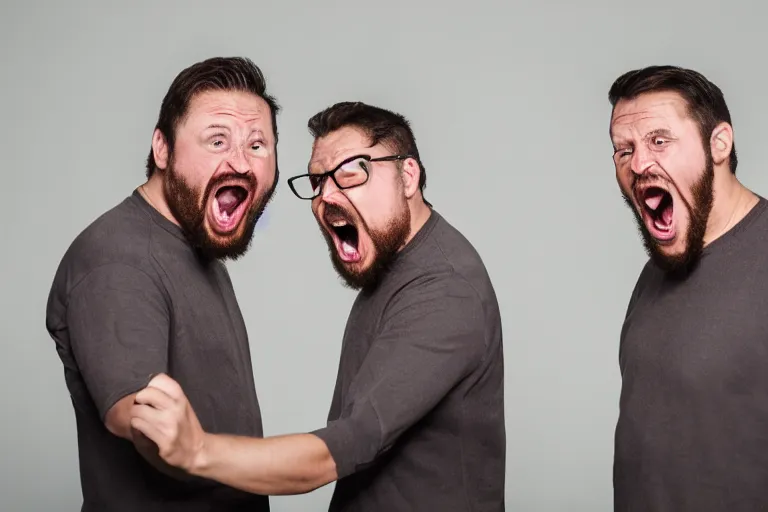 Image similar to picture of two angry men with gigantic mouths screaming at eachother beautiful lighting studio portrait full shot