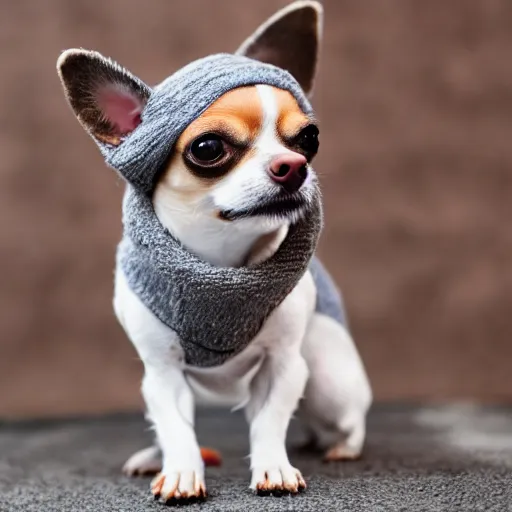 Image similar to a cute chihuahua wearing a fuzzy sweater, high resolution photo