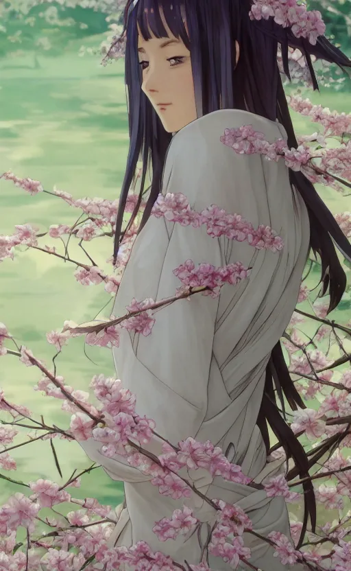 Image similar to side portrait of a girl walking, sakura tree in background, yukata clothing, battlefield in background, anime style, hair down, symmetrical facial features, from arknights, hyper realistic, 4 k, extreme detail, detailed drawing, trending artstation, realistic lighting, by alphonse mucha, greg rutkowski, sharp focus, backlit