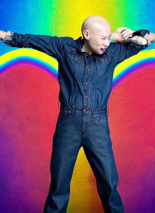 Image similar to japanese man with bald head and beard wearing short denim and leather clothes dancing next to a rainbow, full body portrait, dynamic lighting