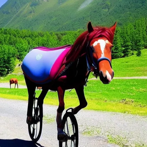 Image similar to horse on bicycle, cycling!!, anthropomorphic, in the mountains