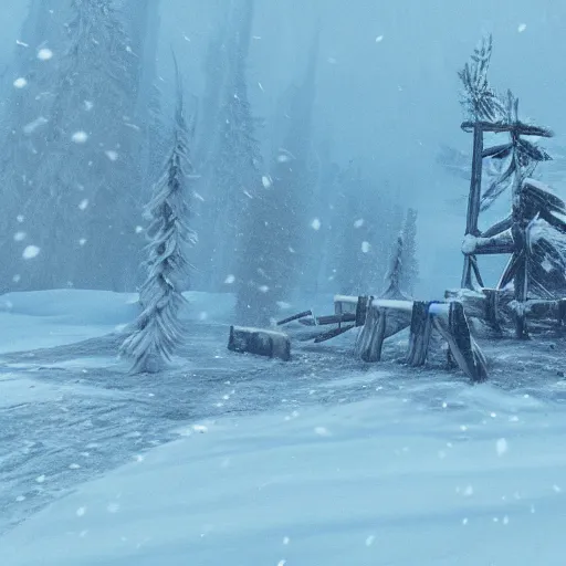 Image similar to frostpunk wood resources, a lot of snow, coast, abandoned