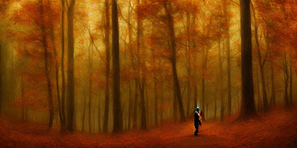 Image similar to a girl in an autumn forest, yellow and red tones, by Aron Wiesenfeld, wolf, cinematic, detailed illustration, nature, fog, dark colors, suspense, intricate, 8k