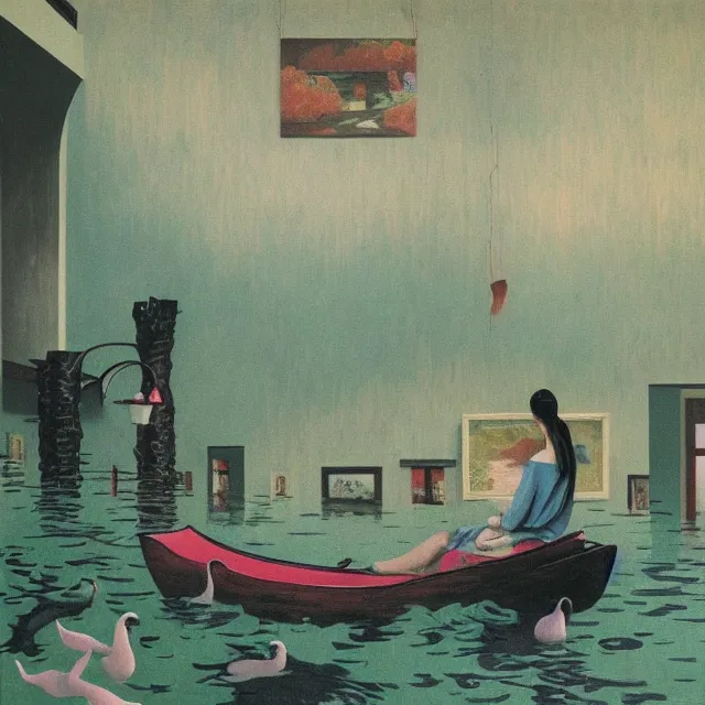 Prompt: painting of flood waters inside an apartment, tall female emo art student, a river flooding through a wall, tangelos, zen, pigs, ikebana, water, river, rapids, waterfall, black swans, canoe, pomegranate, berries dripping, acrylic on canvas, surrealist, by magritte and monet