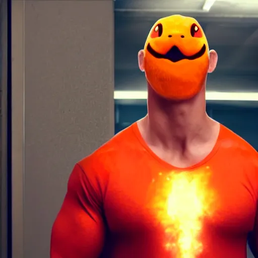 Image similar to john cena playing as charmander human hybrid in a onesie movie still, cinematic, photorealistic, extreme detail, sharp focus, 8 k, intricate, hyper detailed, realistic, cinematic lighting