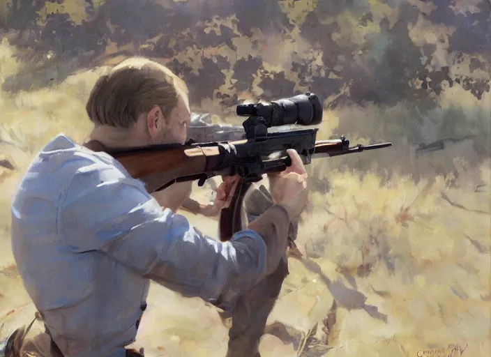 Image similar to a highly detailed beautiful portrait of tomm yorke shooting a ak 4 7, by gregory manchess, james gurney, james jean