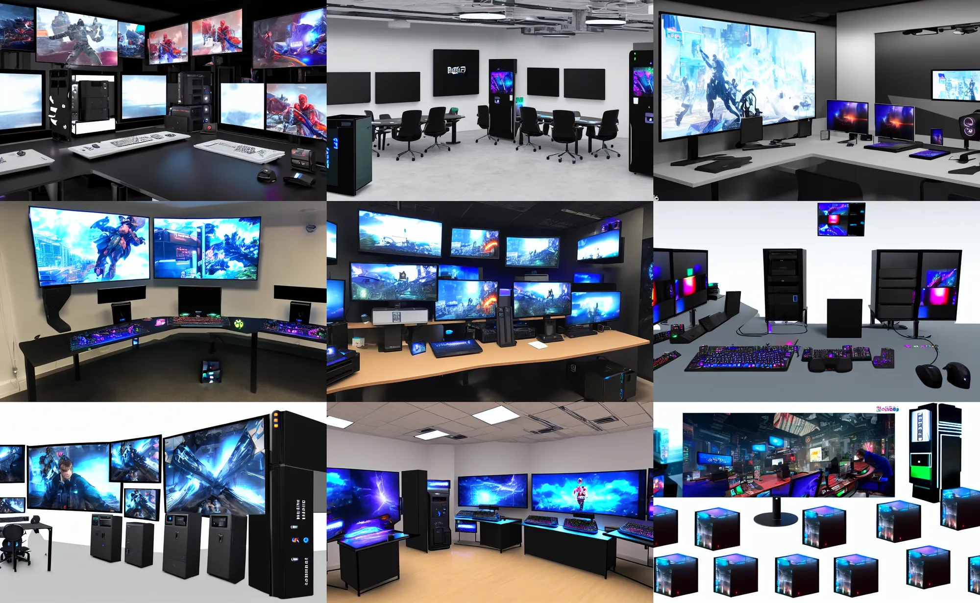Prompt: photograph of the dream gaming setup with 8 monitors 4 consoles and a vending machine, 8k resolution, high detail, ULTRA REALISTIC VFX, reflections