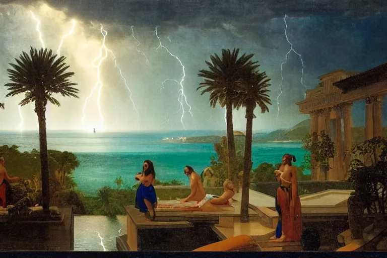 Image similar to From inside of the palace, refracted lightnings on the ocean, thunderstorm, greek pool, beach and Tropical vegetation on the background major arcana sky and occult symbols, by paul delaroche, hyperrealistic 4k uhd, award-winning, very detailed paradise