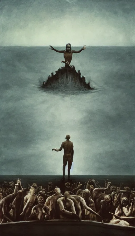 Prompt: man on boat crossing a body of water in hell with creatures in the water, sea of souls, by gottfried helnwein