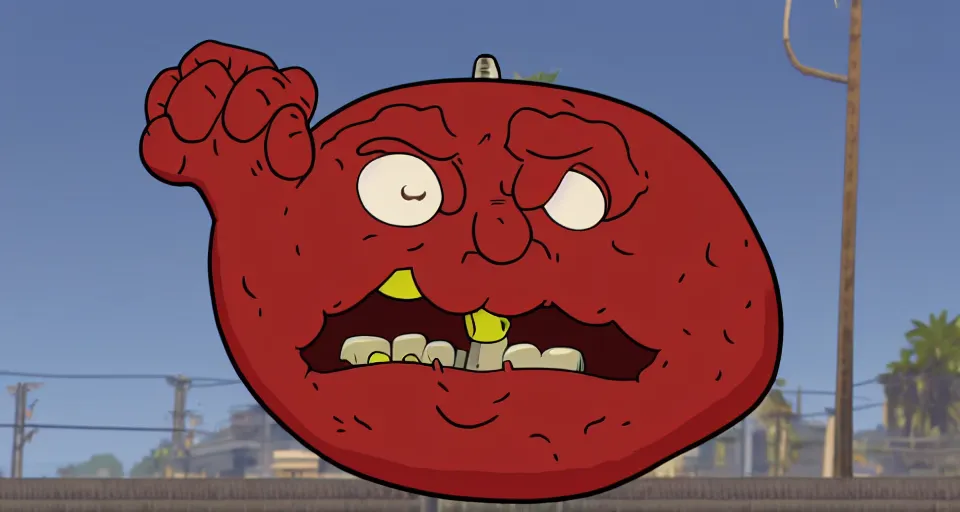 Prompt: Screenshot of Meatwad from Aqua Teen Hunger Force as a 3d NPC in the videogame 'Grand Theft Auto V'. Sharpened. 1080p. High-res. Ultra graphical settings.