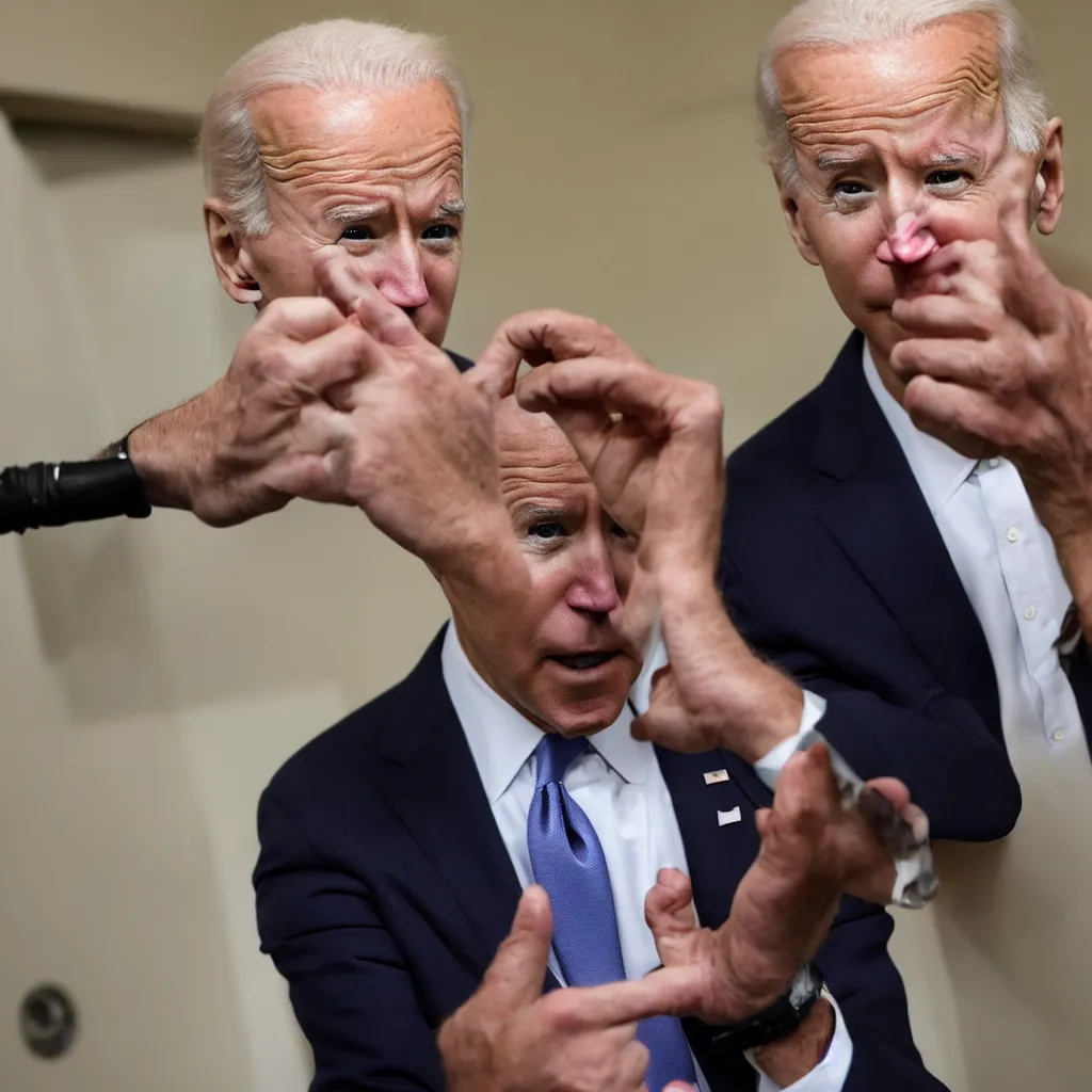 Image similar to joe biden picking his nose while sitting on the toilet, white press conference on cnn