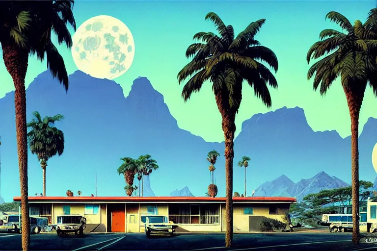 Image similar to natural american landscape | abandoned motel | palm trees | snowy mountains | moon in sky, painting by syd mead and weta studio and moebius and james jean and frank frazetta, highly detailed, rule of third, soft lighting, 8 k resolution, oil on canvas, architectural magazine, beautiful detailed, insanely intricate details, artstation trending, hypermaximalistic, high details, cinematic