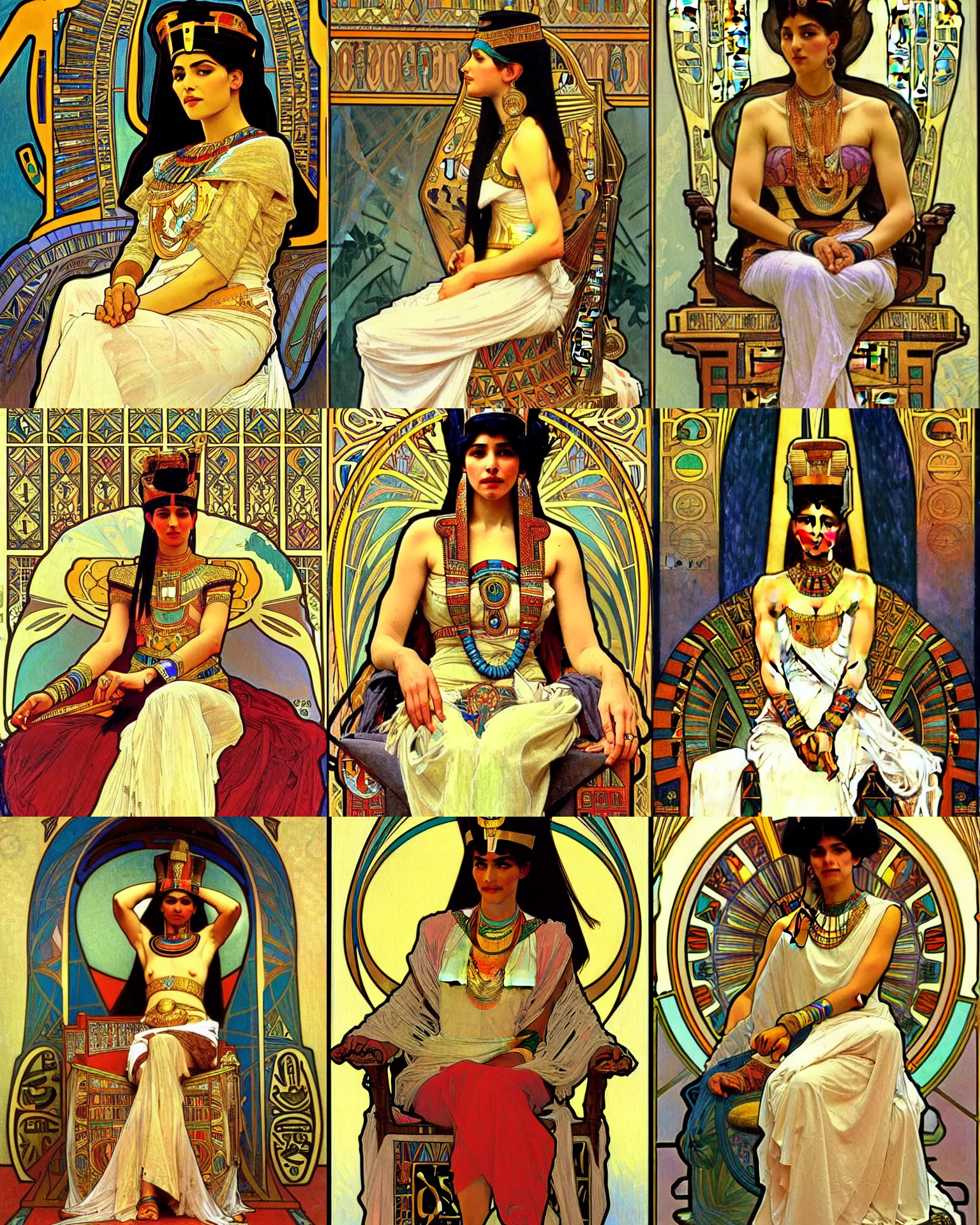 Prompt: an painting of an egyptian queen on her throne, painted by esben lash and alphonse mucha