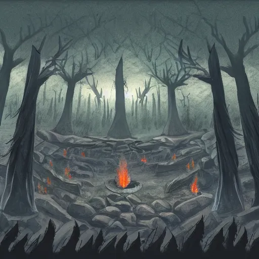 Image similar to concept art of a druidic village surrounded by trees made of obsidian and flames for leaves, dark fantasy, eerie, at dusk, slightly hazy, digital painting, large fire pit