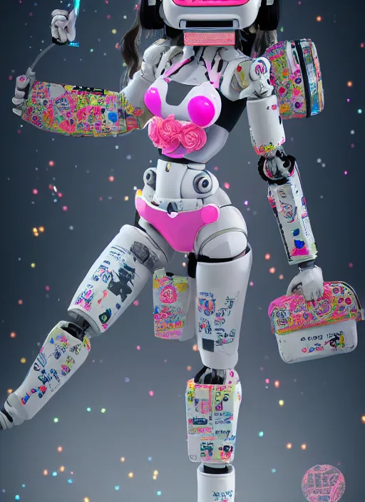 Image similar to full body photo of a belle delphine robot with kanji tattoos and decals wearing a digital pixelated kimono, intricate design, photo - realistic, octane render, ultra fine detailed, character design, trending on artstation