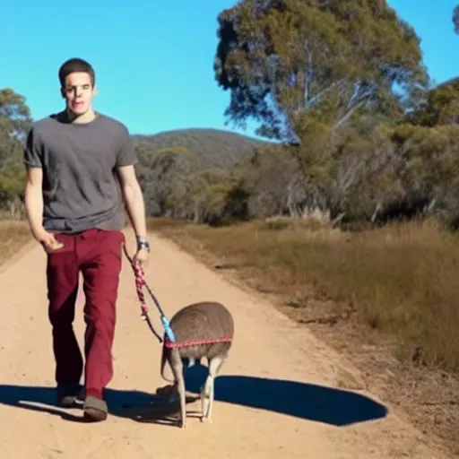 Prompt: Pete Davidson!!! walking a kangaroo, still from a 4k movie,