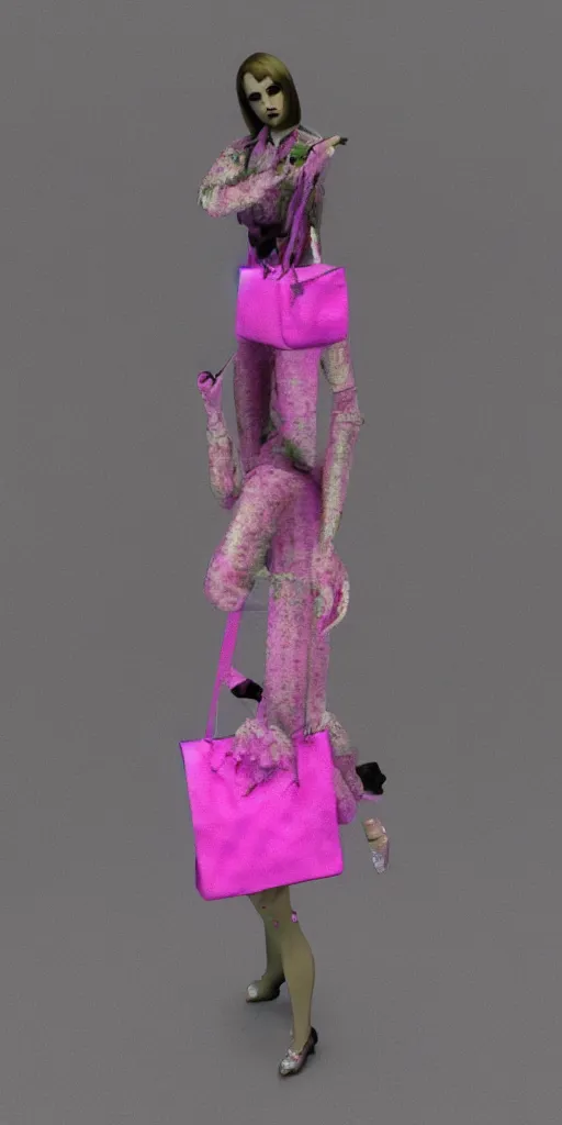 Prompt: rtx deprecated 3d glitched malice doll carrying a pink fashion bag in a street city psx rendered early 90s net art n64