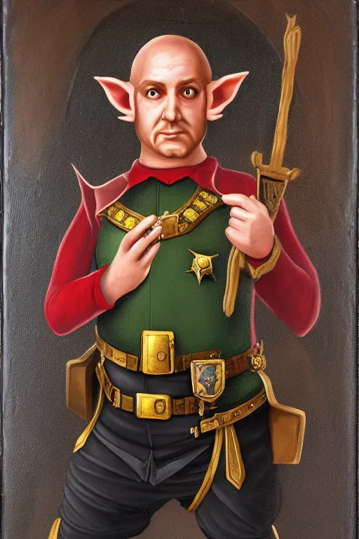 Image similar to high fantasy elf mall cop with a sheriff's badge that is fat, shifty, 1500s Oil Painting, Carvagio, RPG portrait, 8K digital scan